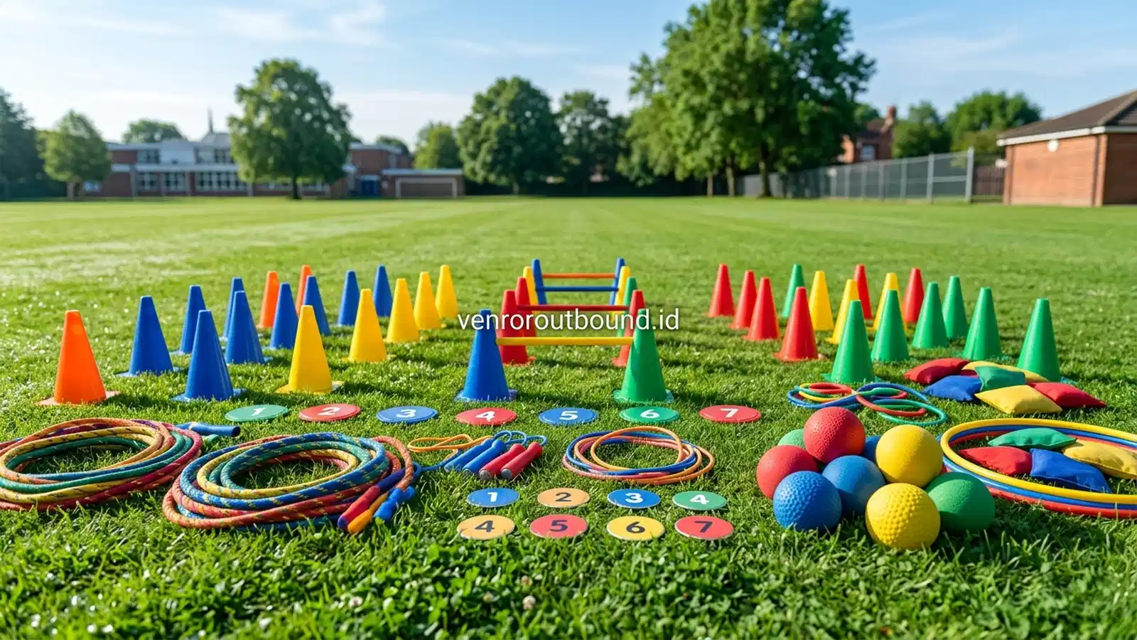 Peralatan Ice Breaking Edukatif Berwarna-warni Tersusun Rapi di Lapangan Rumput