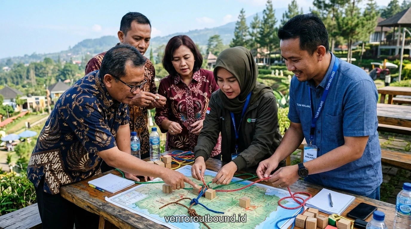 Sesi simulasi koordinasi taktis para manajer divisi dengan alat peraga kayu dan peta navigasi alam