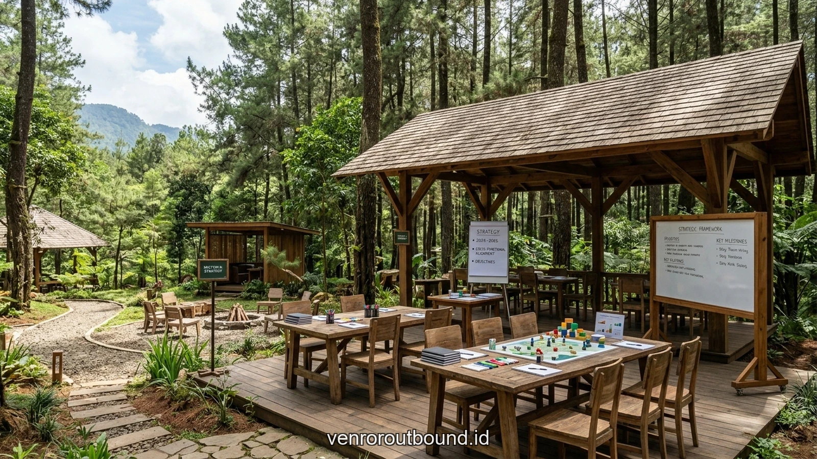 Area workshop strategis luar ruang untuk diskusi pemecahan masalah sinergi inter-departemen di bawah pohon pinus