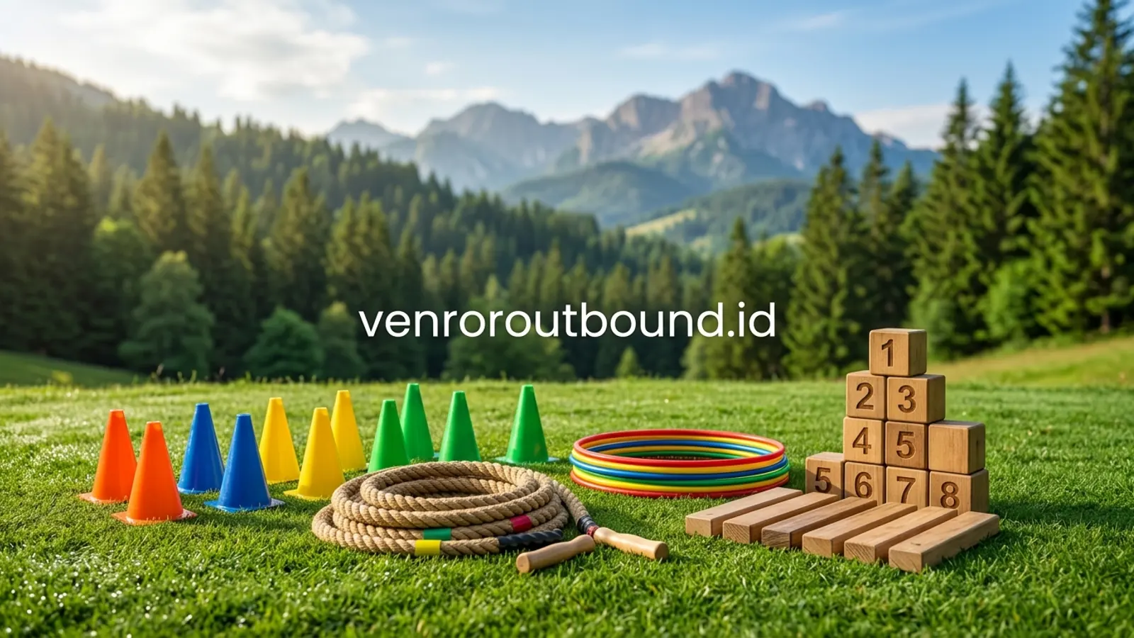 Perlengkapan Outbound Fun Games Berwarna Cerah Tersusun Rapi di Lapangan Rumput