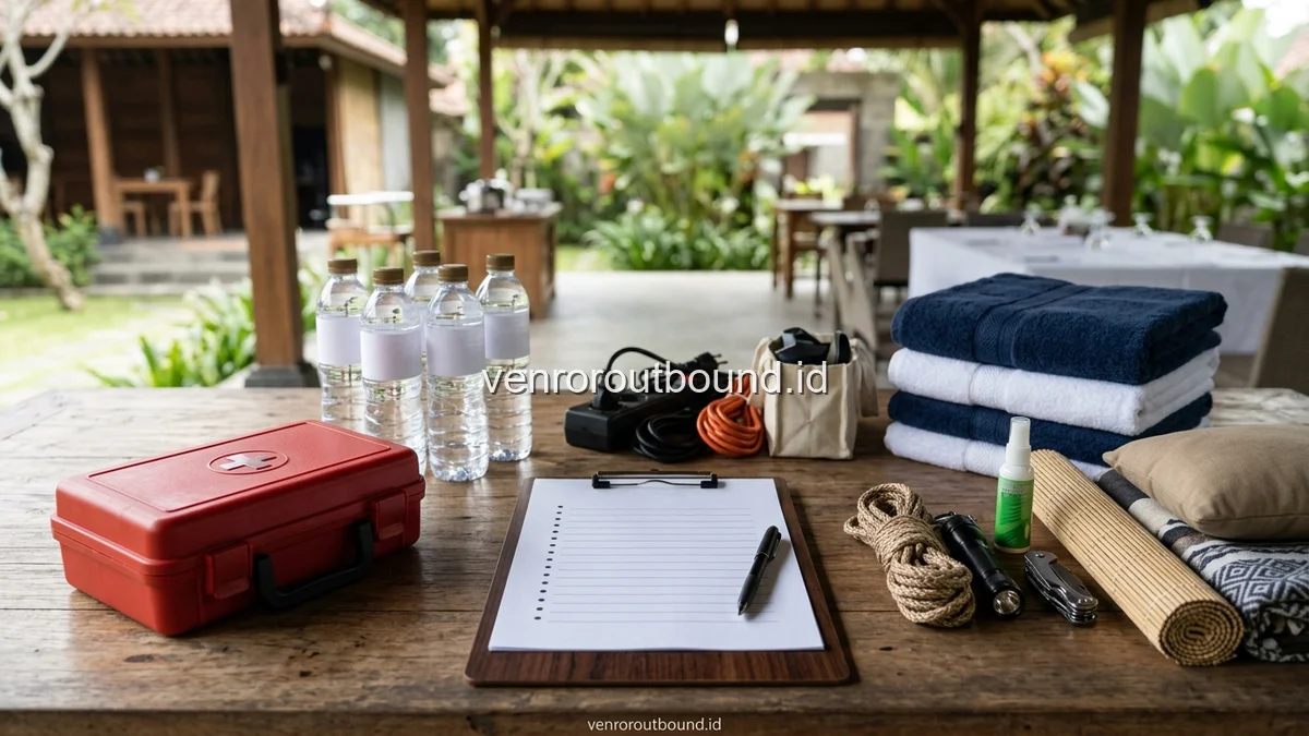 Meja persiapan checklist family gathering dengan kotak P3K air mineral handuk bersih dan papan catatan