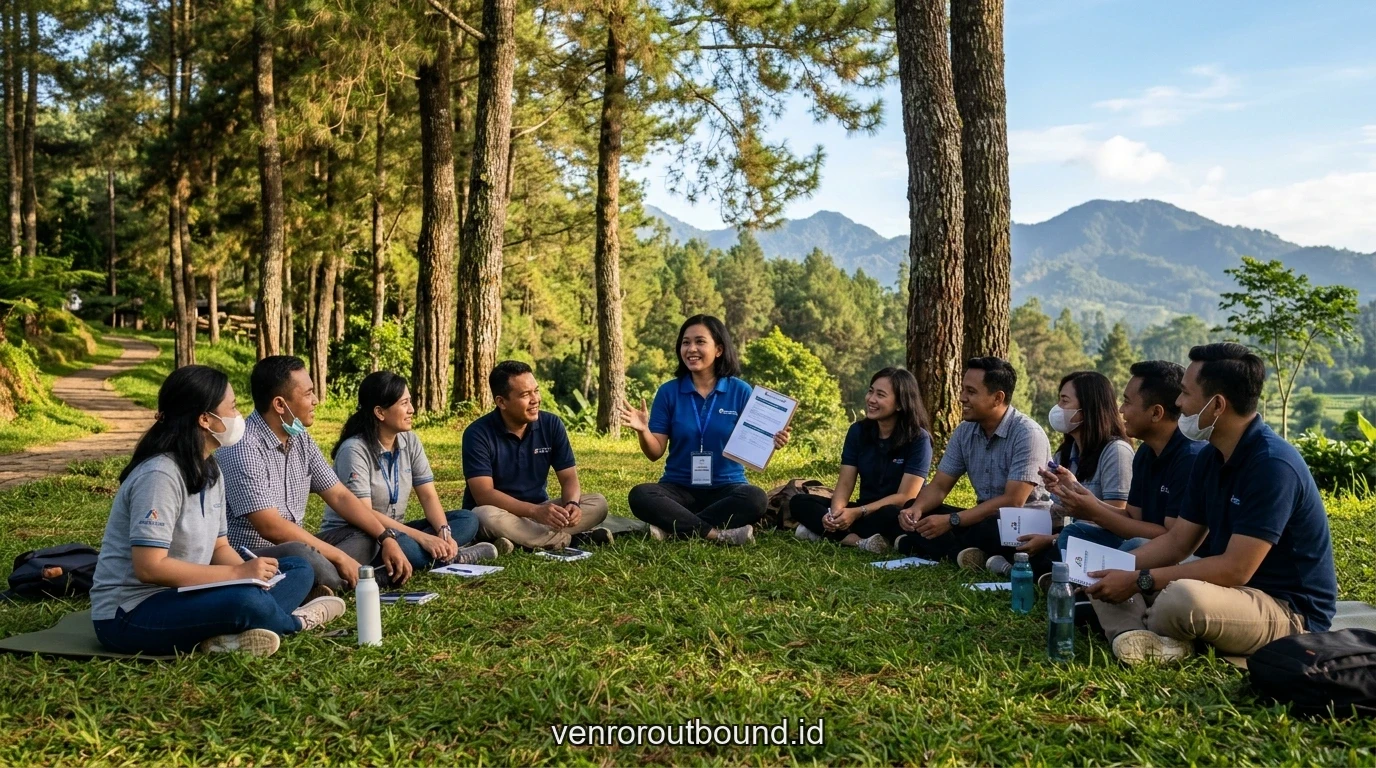 Sesi debriefing evaluasi hasil simulasi kelompok agile di bawah pepohonan rindang alam Batu Malang