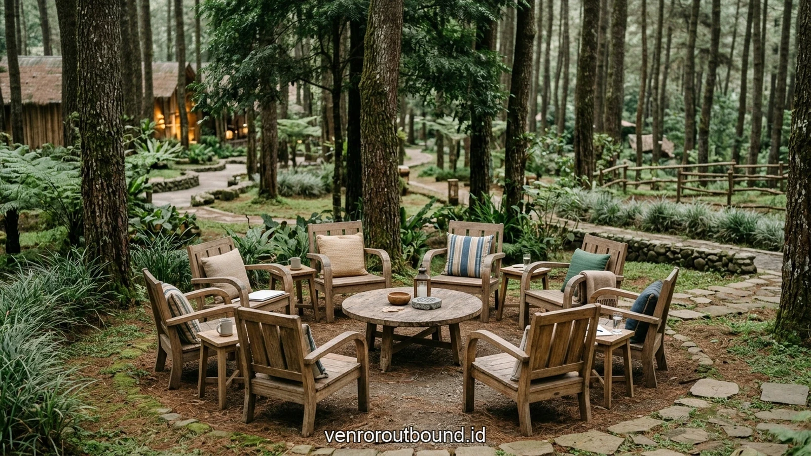 Area debriefing melingkar di bawah pepohonan pinus resort Batu Malang untuk evaluasi manajerial sinergi tim