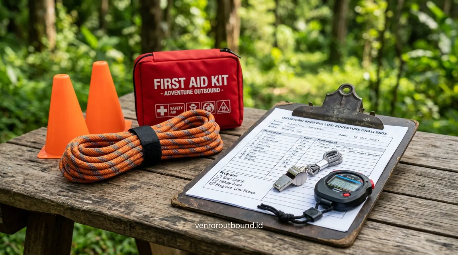 Meja persiapan perlengkapan fasilitator outbound edukatif dengan stopwatch, peluit, dan kotak P3K medis