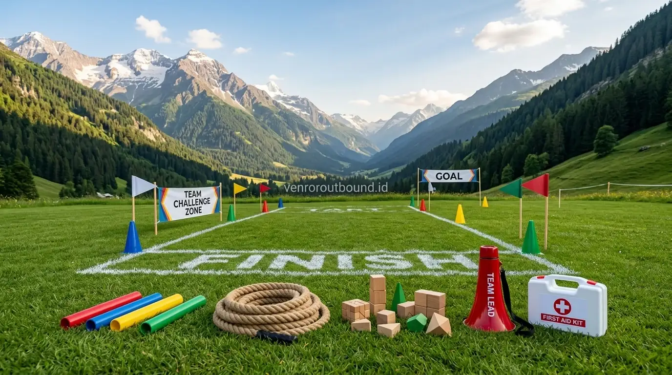 Perlengkapan character building dan outbound pelajar tertata profesional di area outdoor