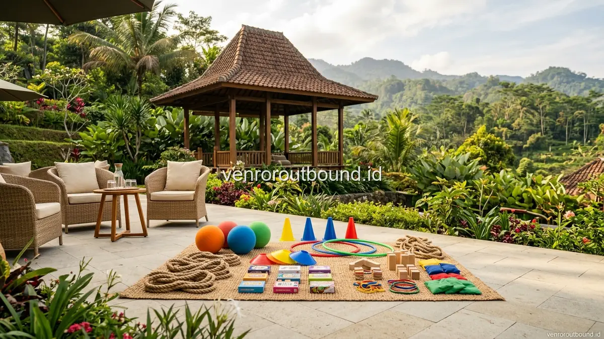 Perlengkapan permainan interaktif outbound keluarga ringan di area taman hijau Batu Malang