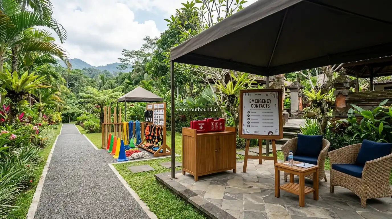 Pos pertolongan pertama P3K dan area istirahat nyaman di venue outbound