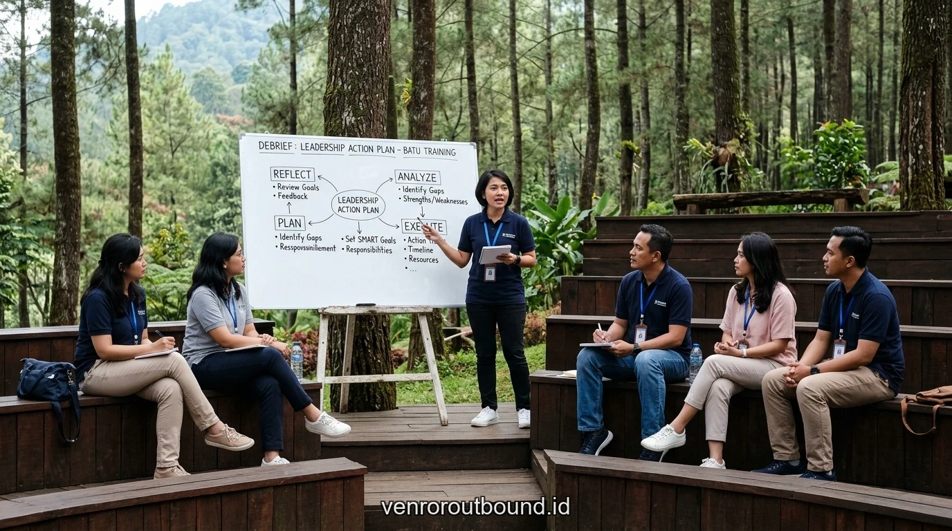 Sesi debriefing leadership action plan dipandu instruktur profesional di amphitheater alam Batu Malang