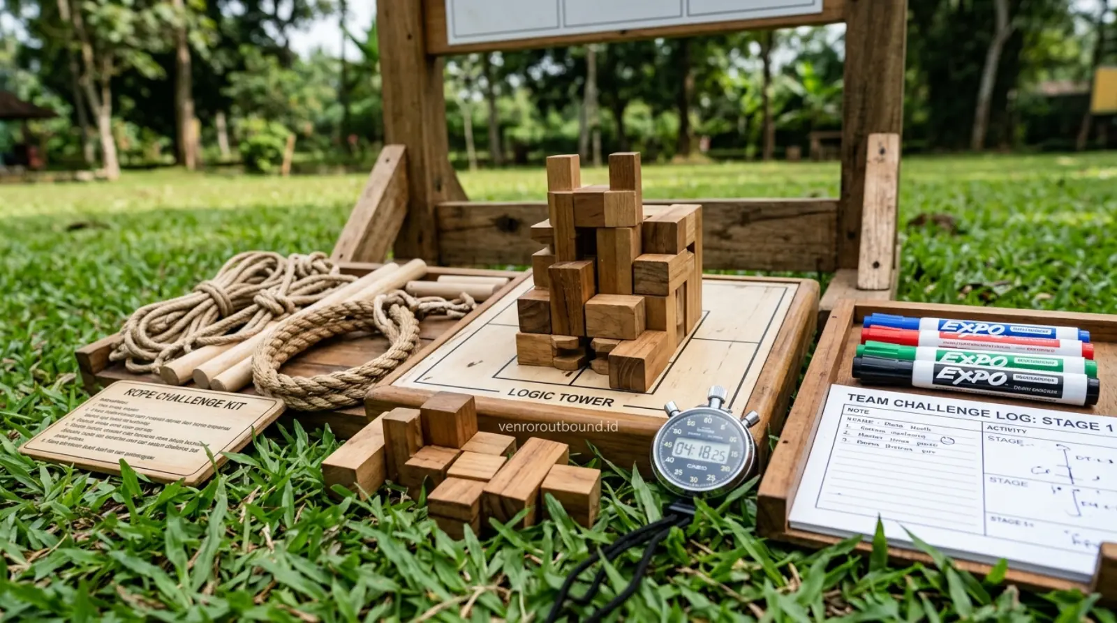 Peralatan simulasi outbound edukatif tersusun rapi di lapangan rumput hijau
