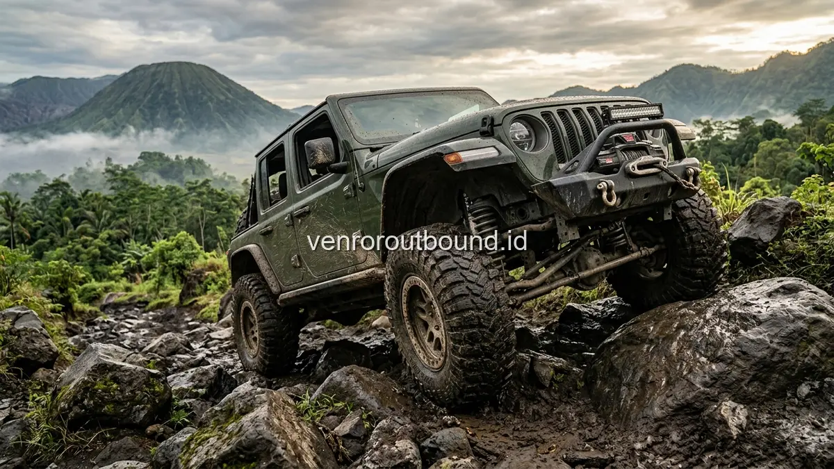Kendaraan jeep offroad bertenaga tinggi saat menaklukkan jalur tanjakan berbatu di alam pegunungan