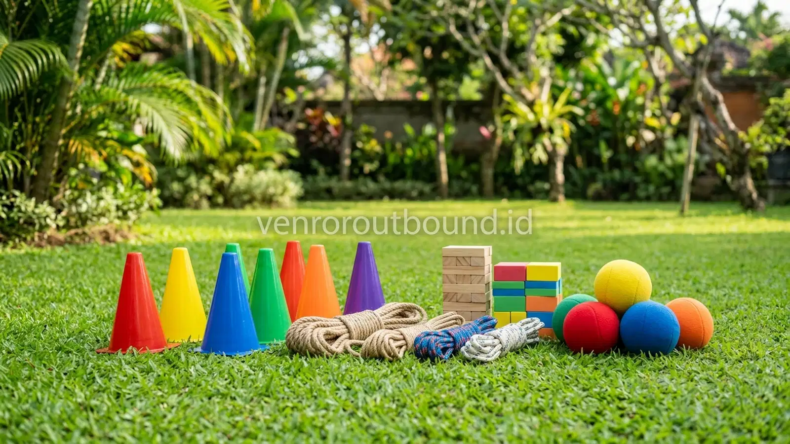 Peralatan Fun Games Sederhana dan Terjangkau Tersusun Rapi di Atas Rumput Hijau