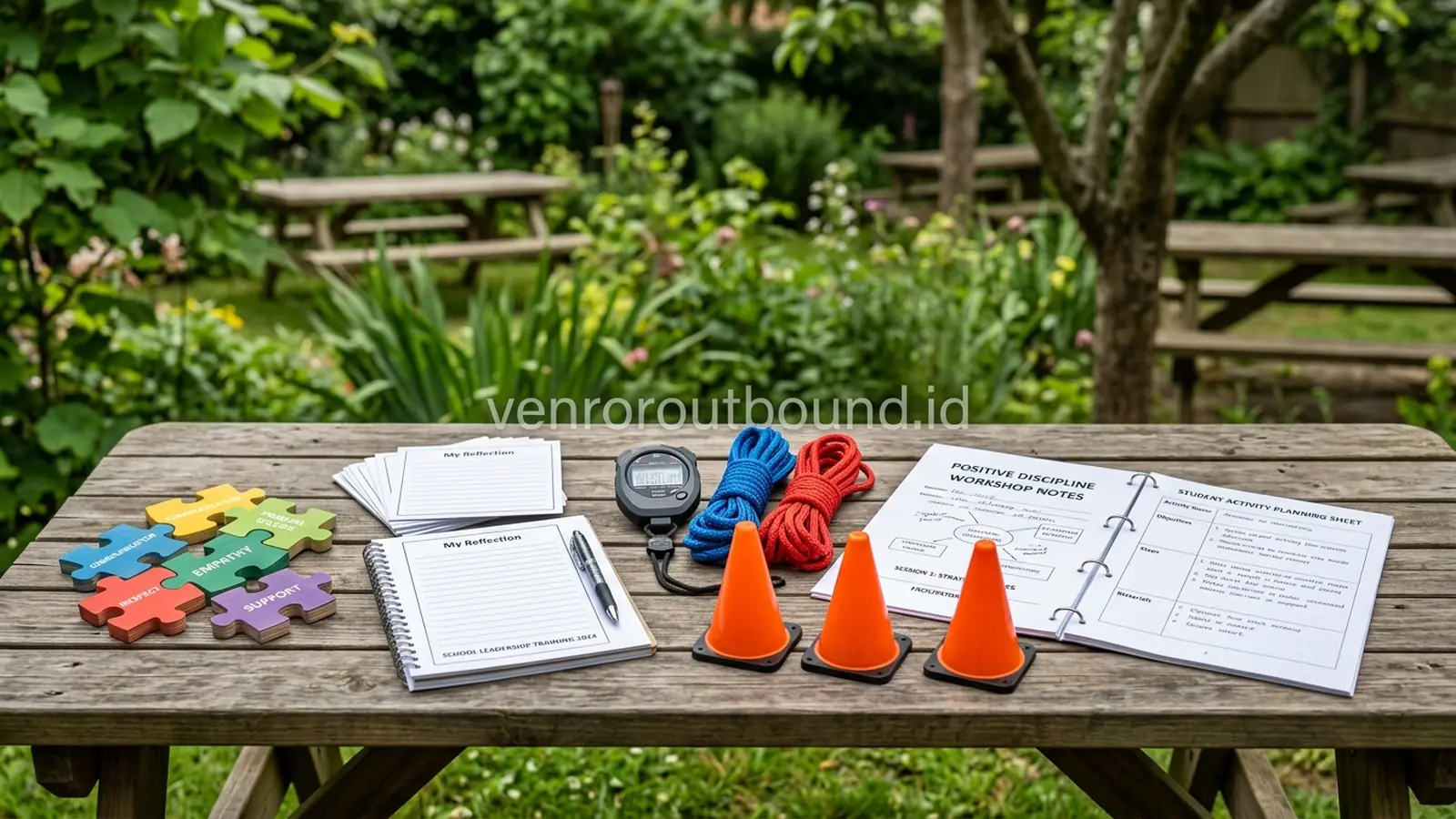 Meja persiapan modul LDKS dengan lembar refleksi kartu strategi dan perlengkapan latihan