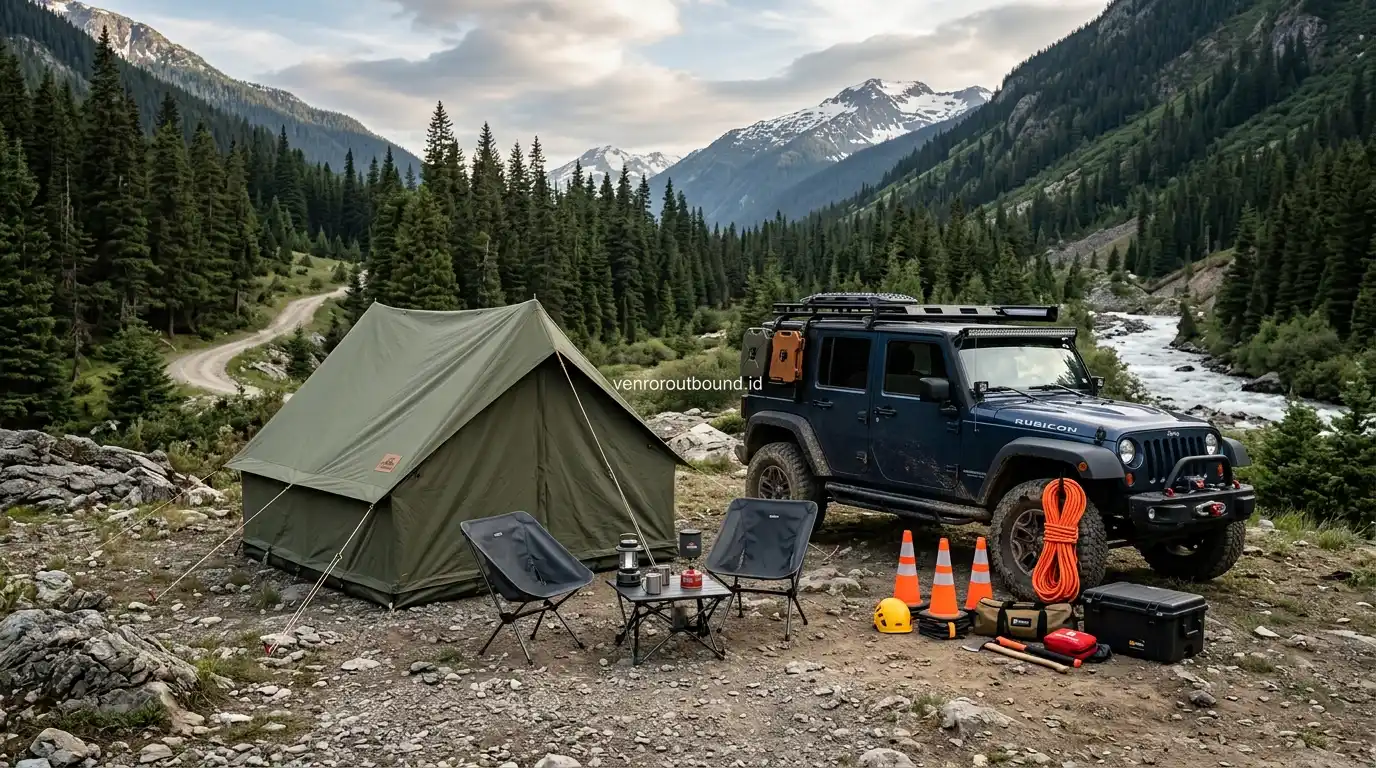 Kendaraan jip offroad dan perlengkapan tenda camping di kawasan pegunungan