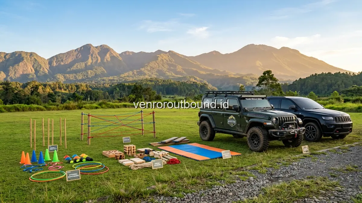 Perlengkapan game outbound team building tersusun rapi di lapangan hijau siap untuk aktivitas kelompok