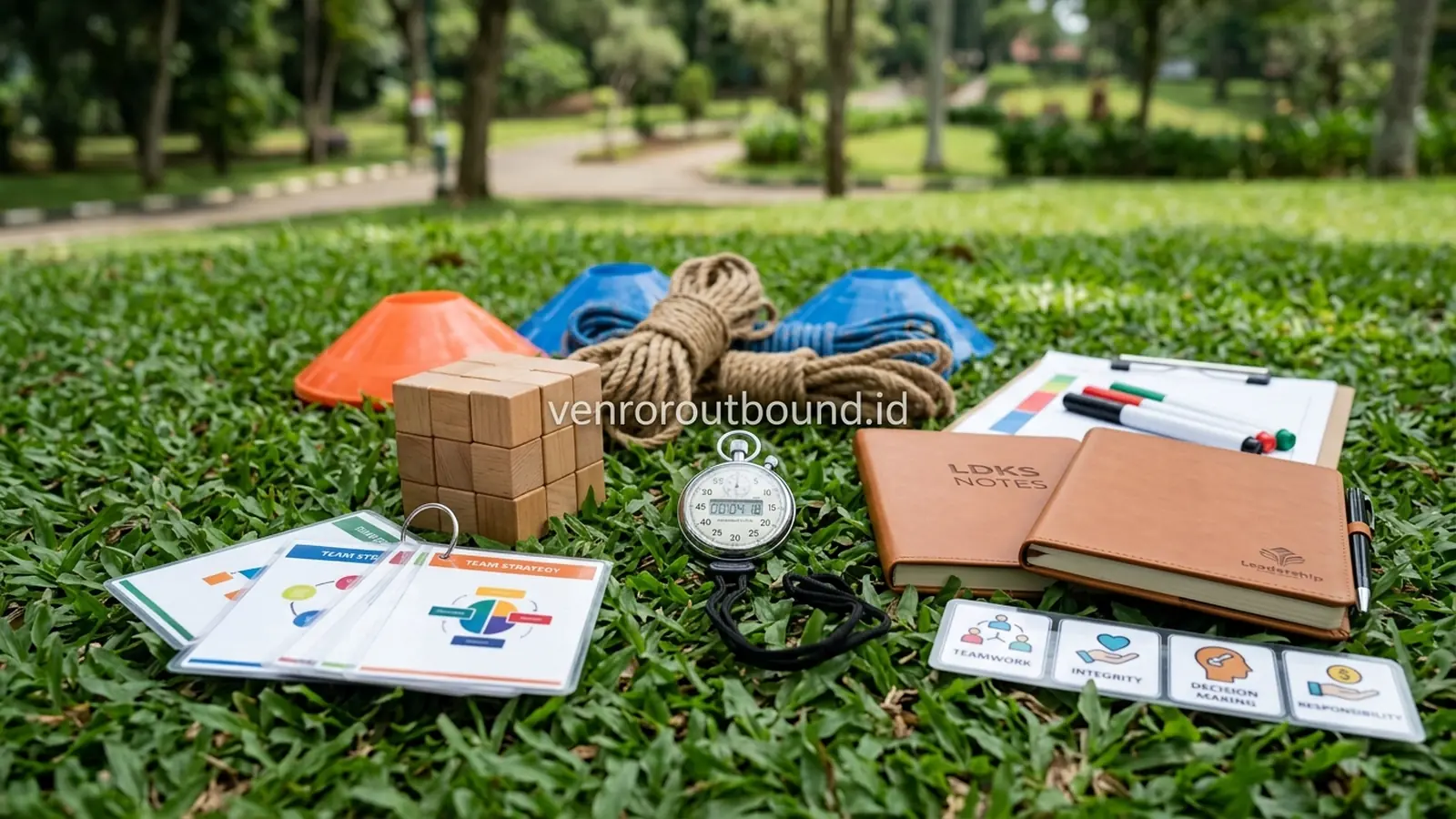 Peralatan simulasi kepemimpinan siswa puzzle kayu stopwatch dan modul refleksi LDKS