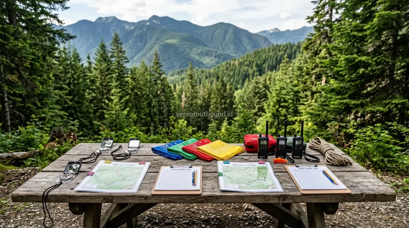 Peralatan simulasi leadership dan team building outbound pelajar tertata rapi