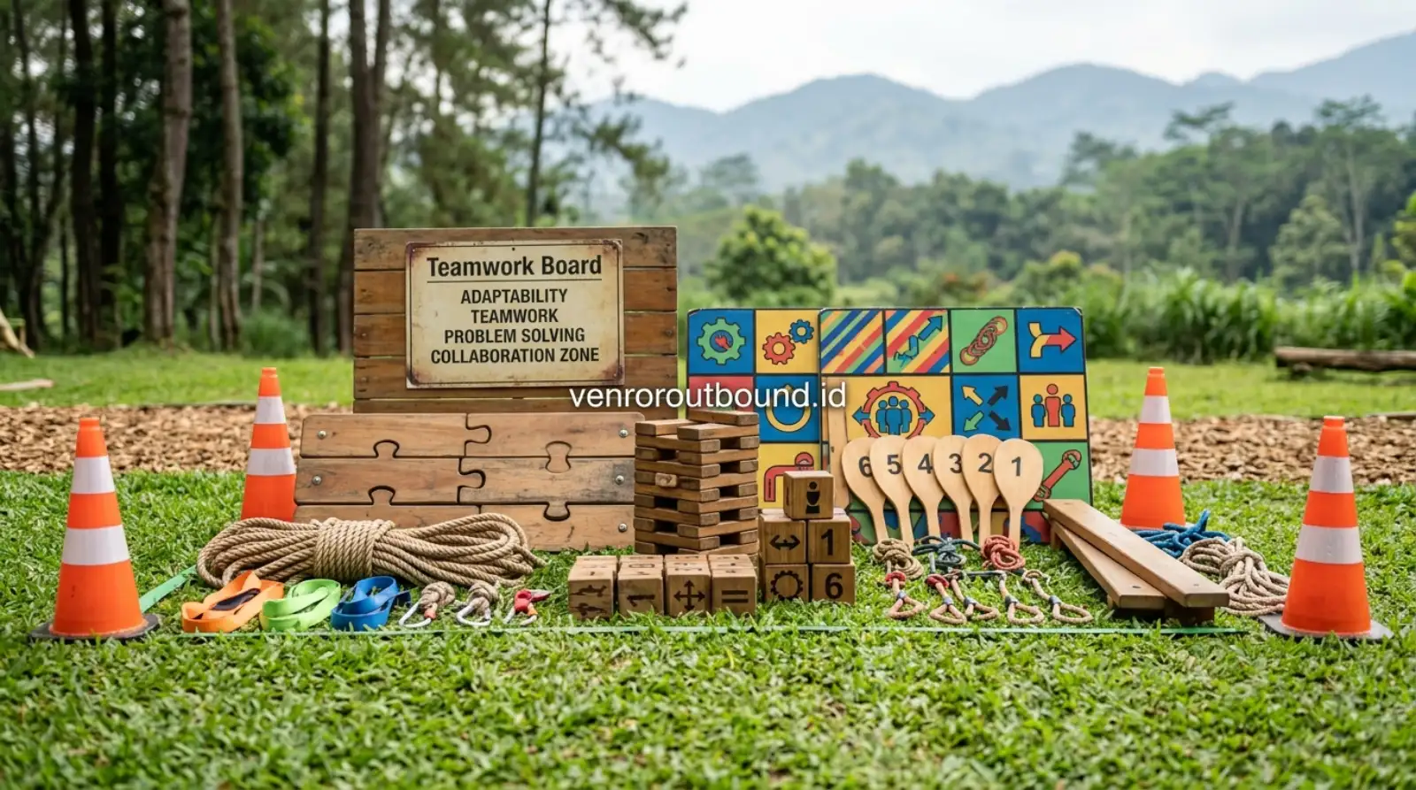 Detail peralatan simulasi outbound edukatif untuk melatih problem solving dan kerja sama tim