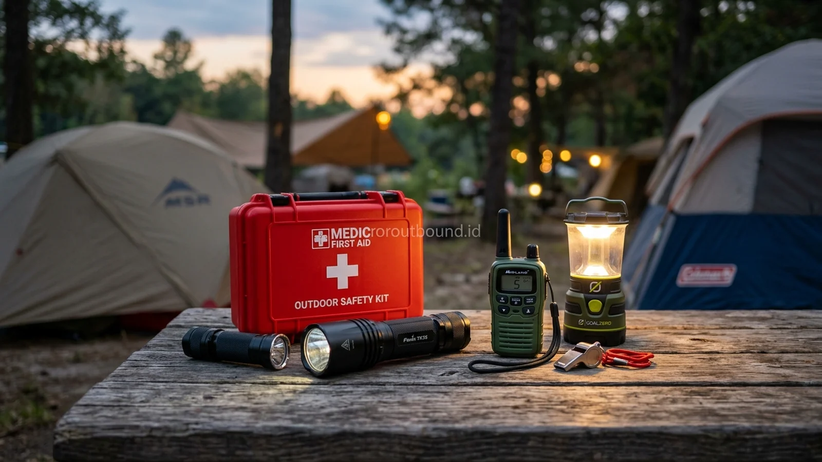 Peralatan keselamatan camping dan kotak P3K outdoor tertata rapi di atas meja kayu di alam terbuka
