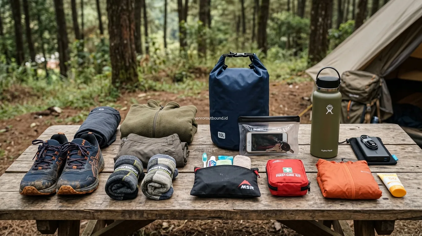 Susunan rapi perlengkapan pribadi obat botol minum dan dry bag di meja camping